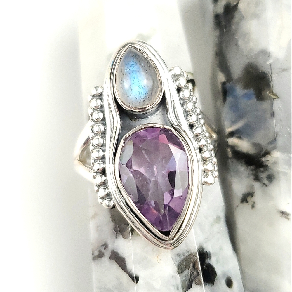 Sterling Silver Amethyst and Labradorite Double Teardrop Ring Size 8